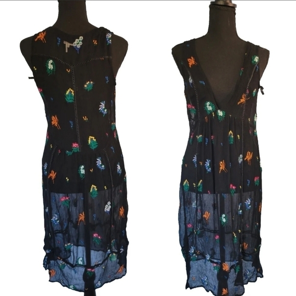 Anthropologie Floreat Floral Embroidered Cover-up Overlay Dress Black 4 - Picture 1 of 8